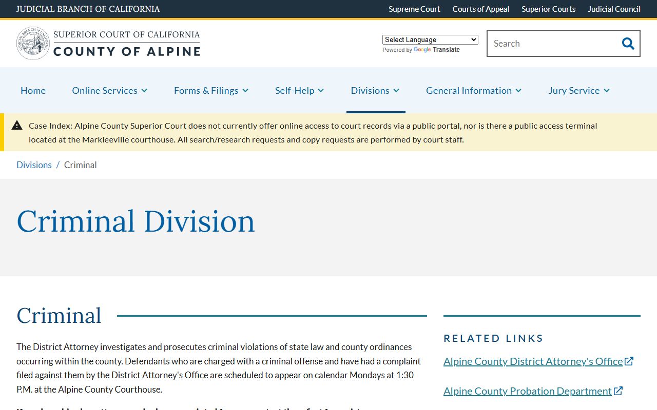 Alpine Criminal Division for Alpine County felony records