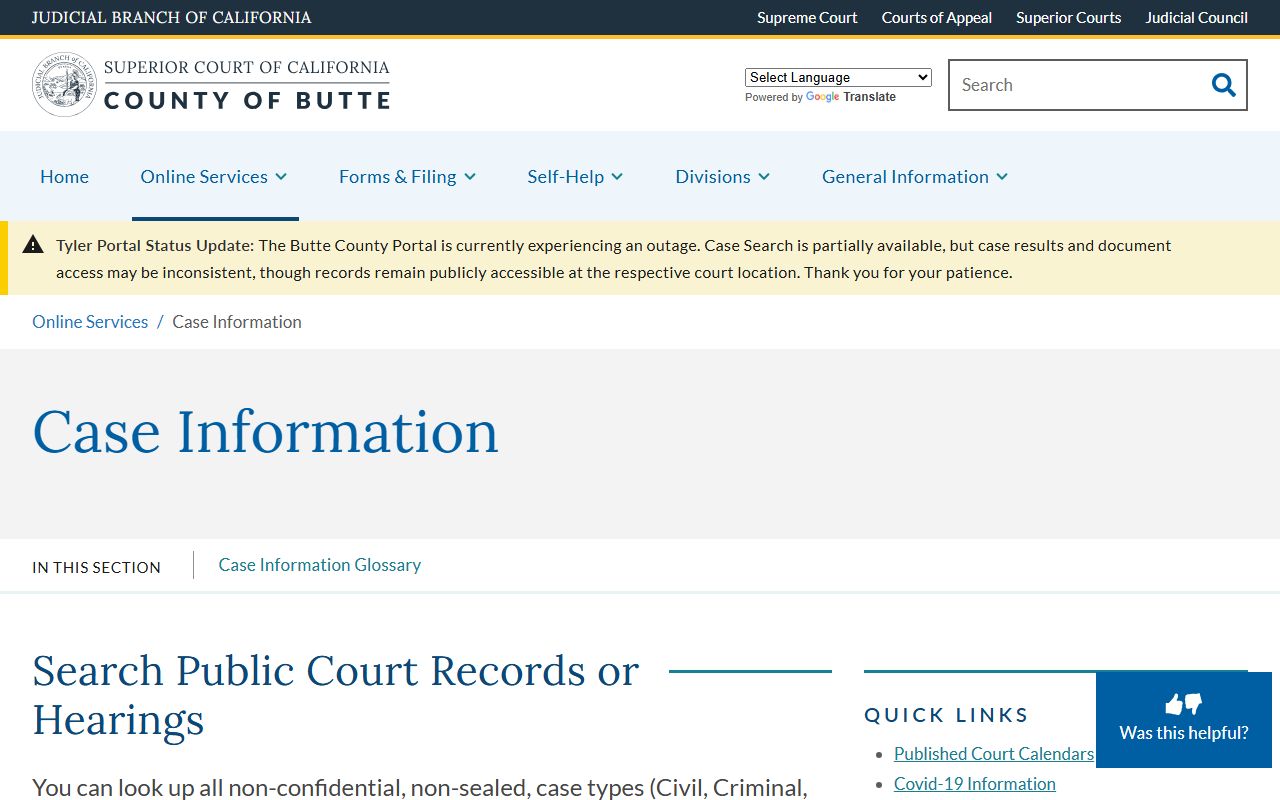 Butte Case Information for Butte County felony records