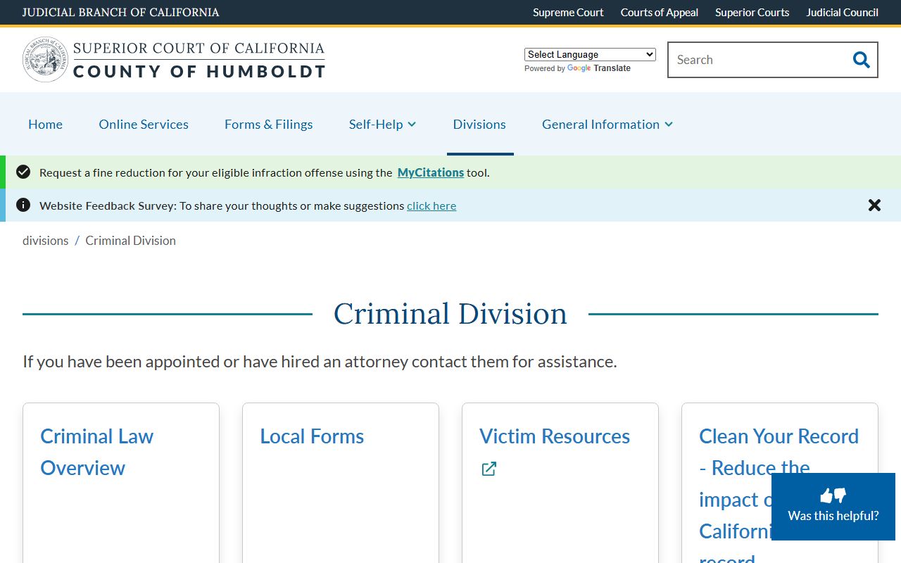 Humboldt Criminal Division for Humboldt County felony records