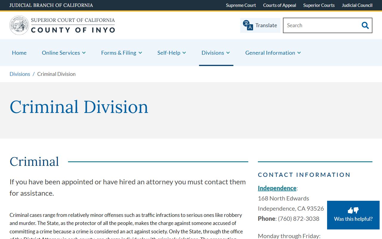 Inyo Criminal Division for Inyo County felony records