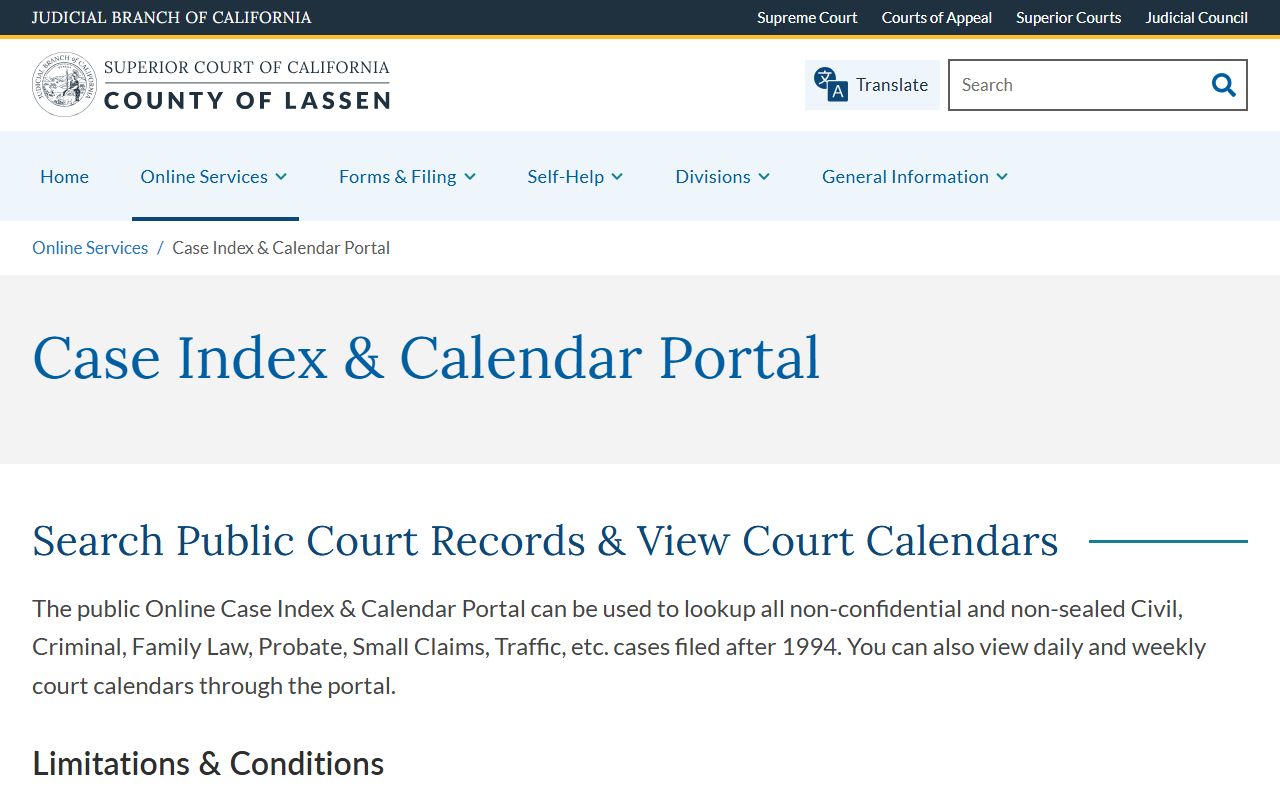 Lassen Case Index Portal for Lassen County felony records