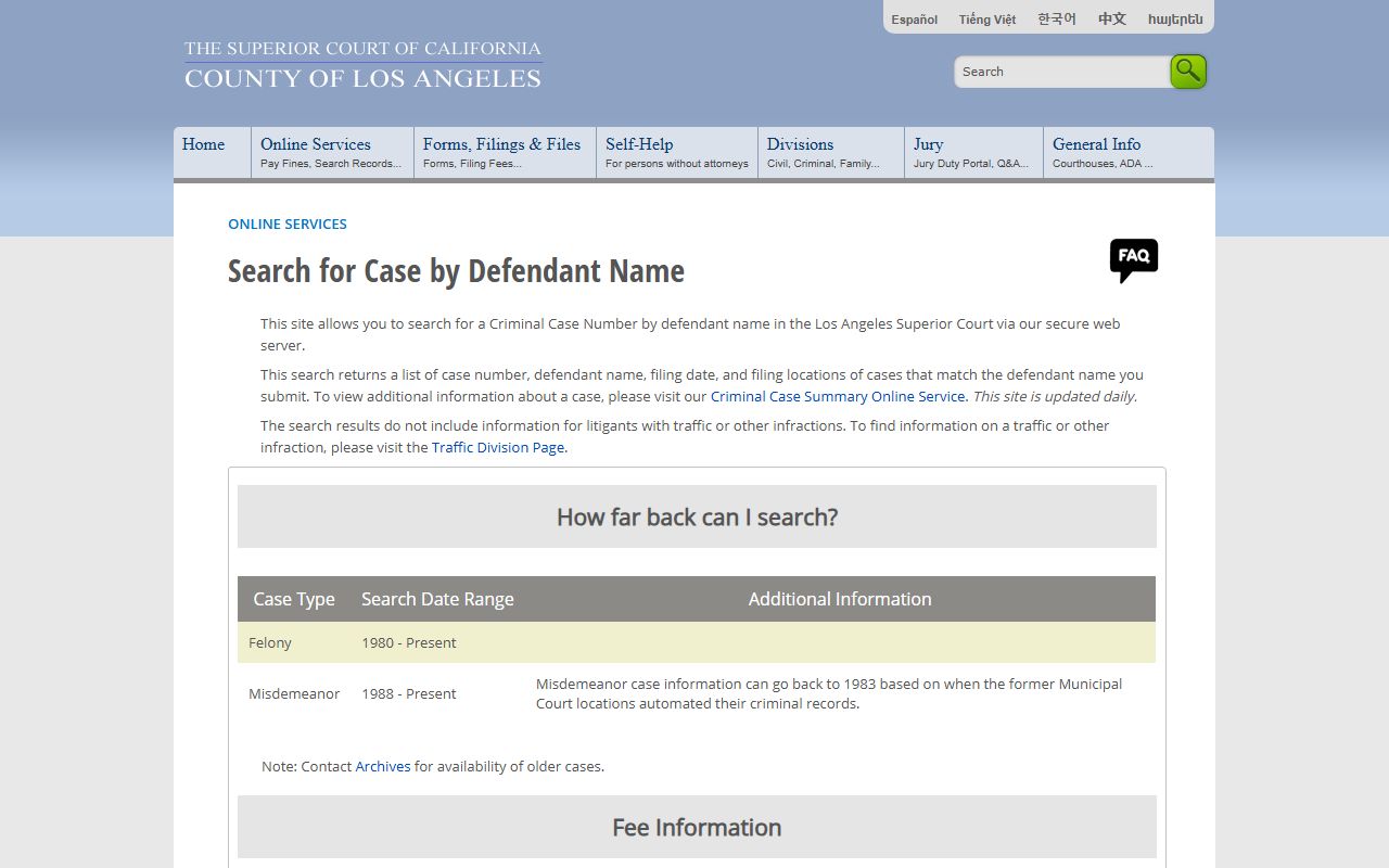 Los Angeles Superior Court criminal case search portal for Los Angeles County felony records