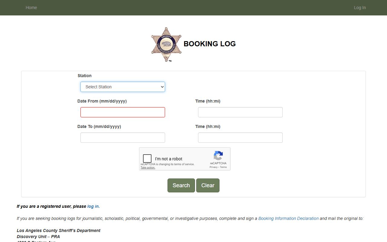 LASD booking log search for Los Angeles County felony records