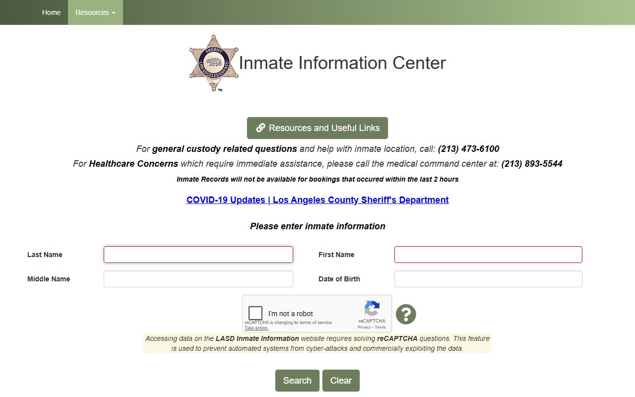 LASD Inmate Information Center database for Los Angeles County felony records