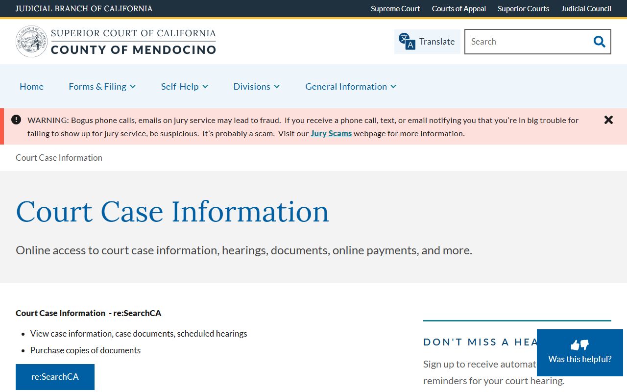 Mendocino re:SearchCA for Mendocino County felony records