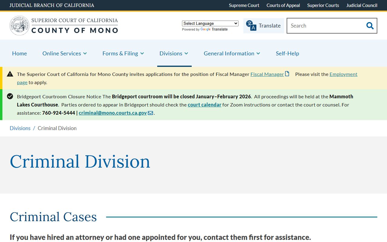 Mono Criminal Division for Mono County felony records