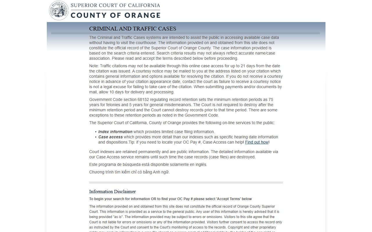 Orange County Superior Court criminal and traffic case portal for Orange County felony records