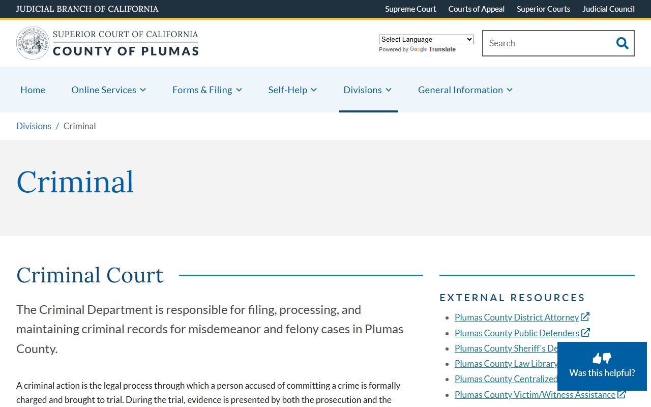 Plumas Criminal Division for Plumas County felony records
