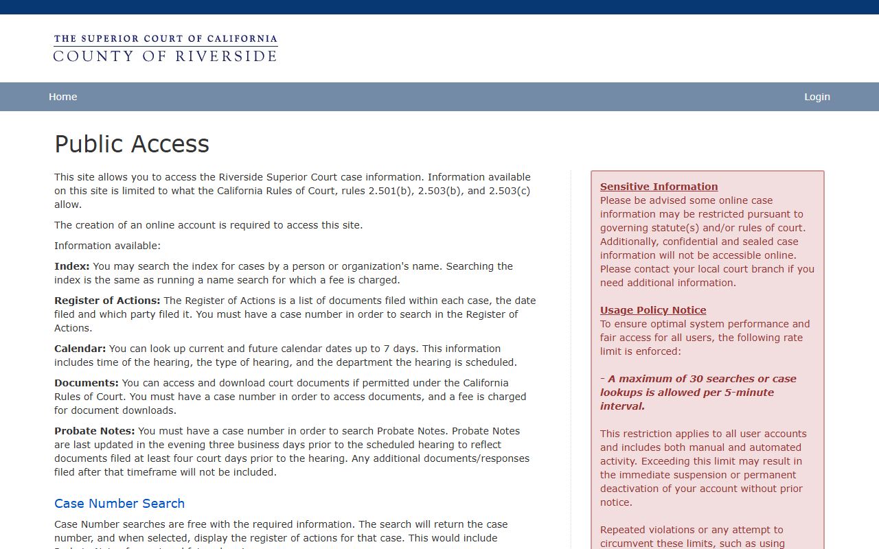 Riverside Superior Court public access portal for Riverside County felony records