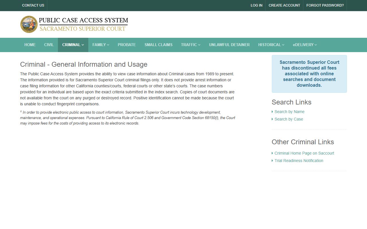 Sacramento Superior Court criminal case access for Sacramento County felony records