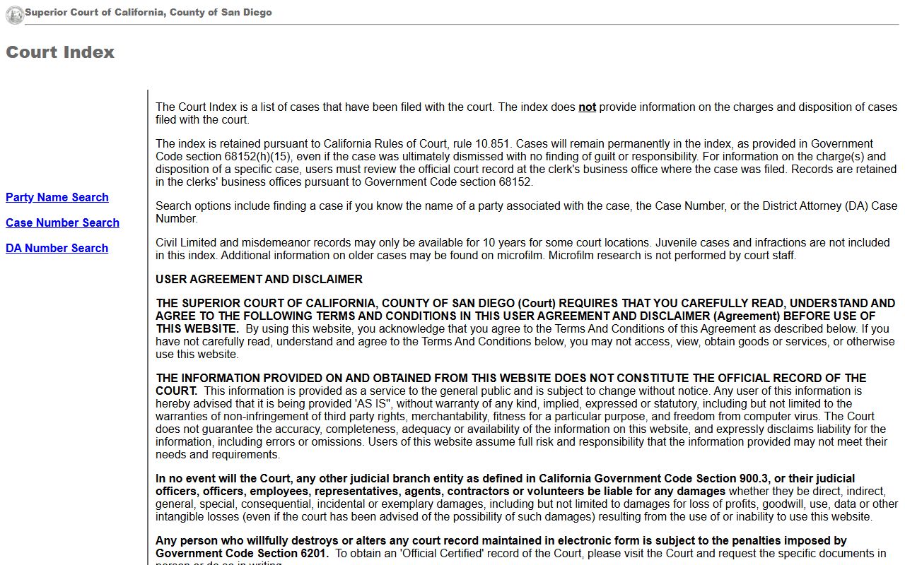 San Diego Superior Court case search portal for San Diego County felony records