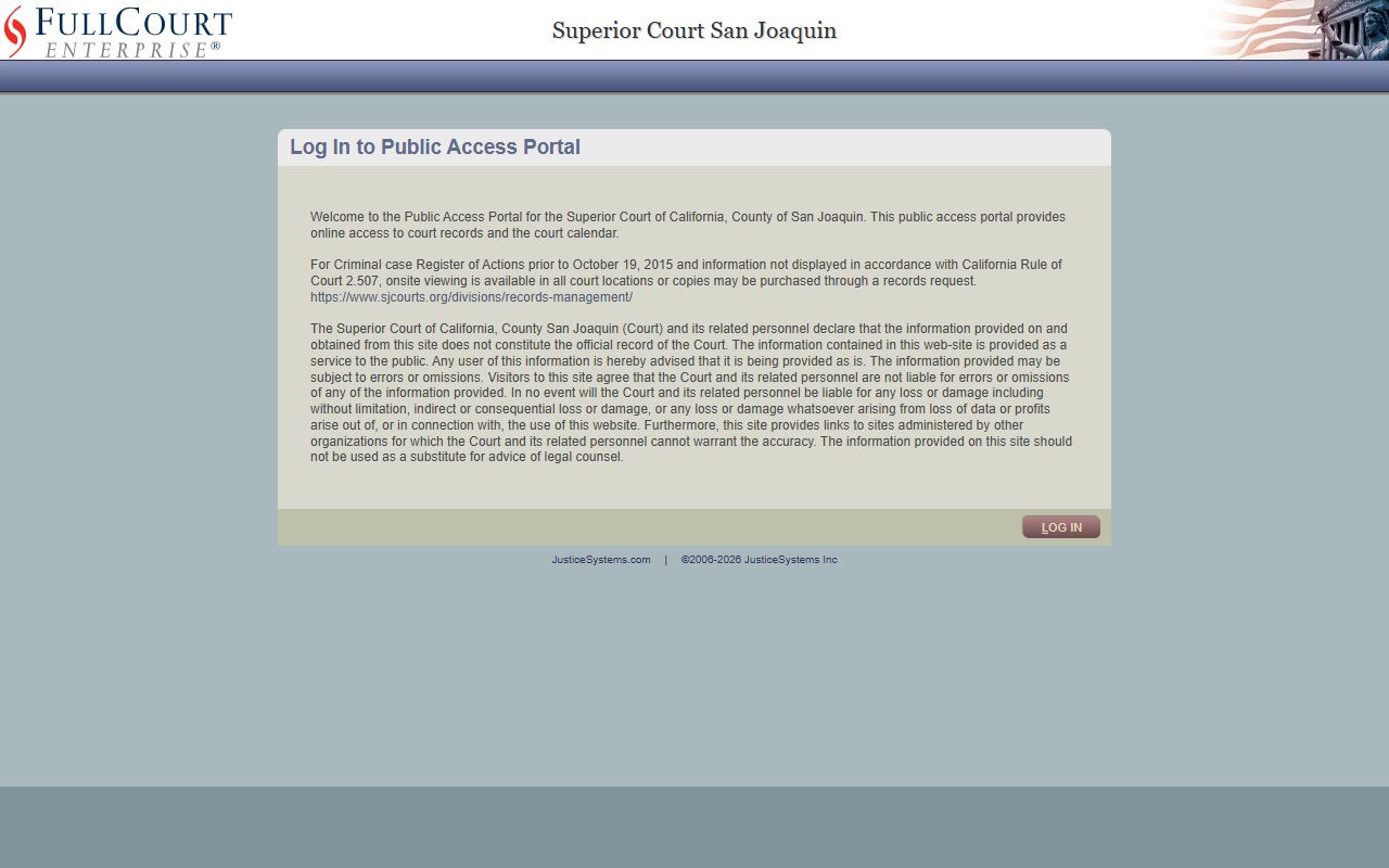 San Joaquin County FullCourt search portal for San Joaquin County felony records