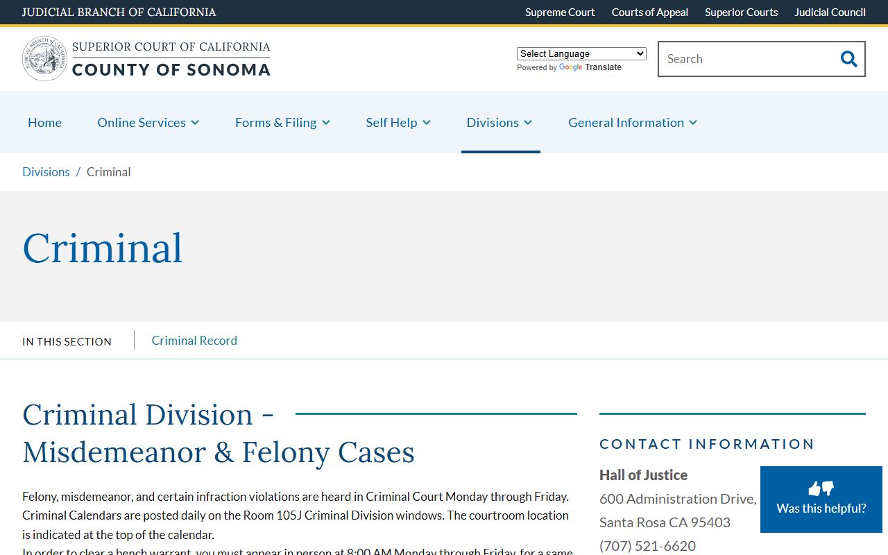 Sonoma Criminal Division for Sonoma County felony records