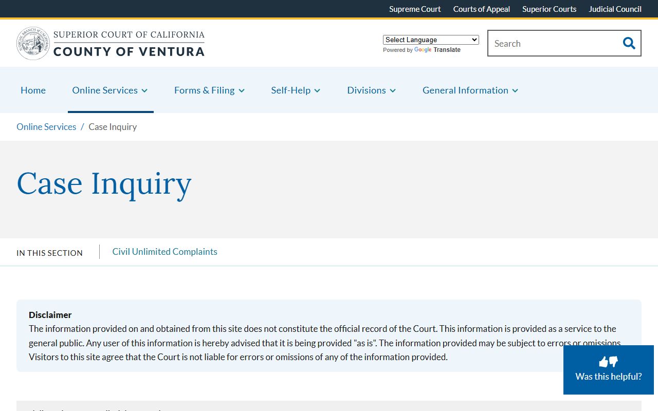 Ventura County Superior Court case inquiry for Ventura County felony records