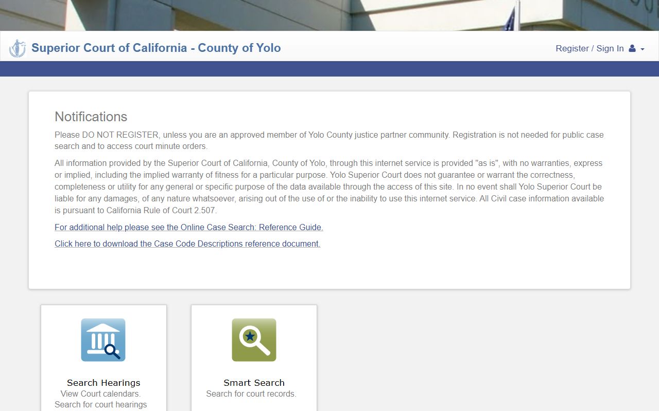 Yolo Court Portal for Yolo County felony records