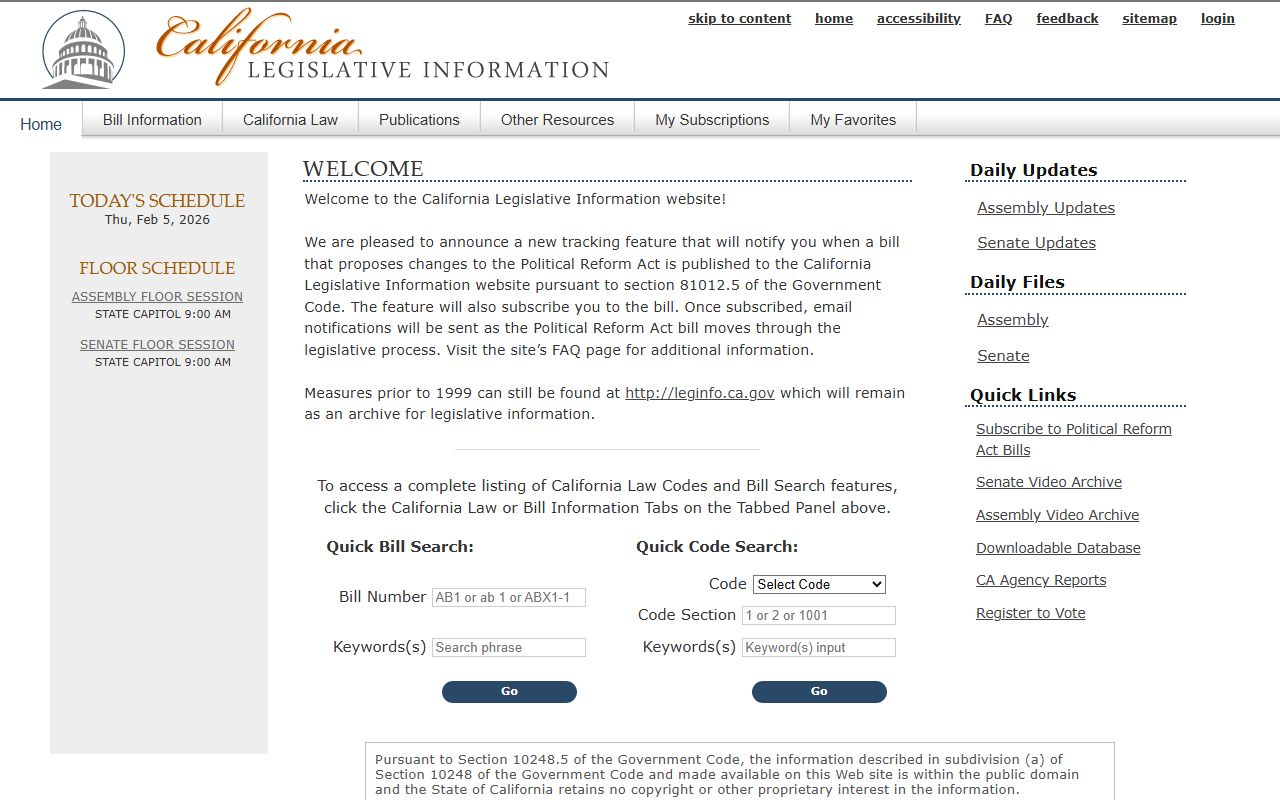 California Legislative Information statutes and penal code database