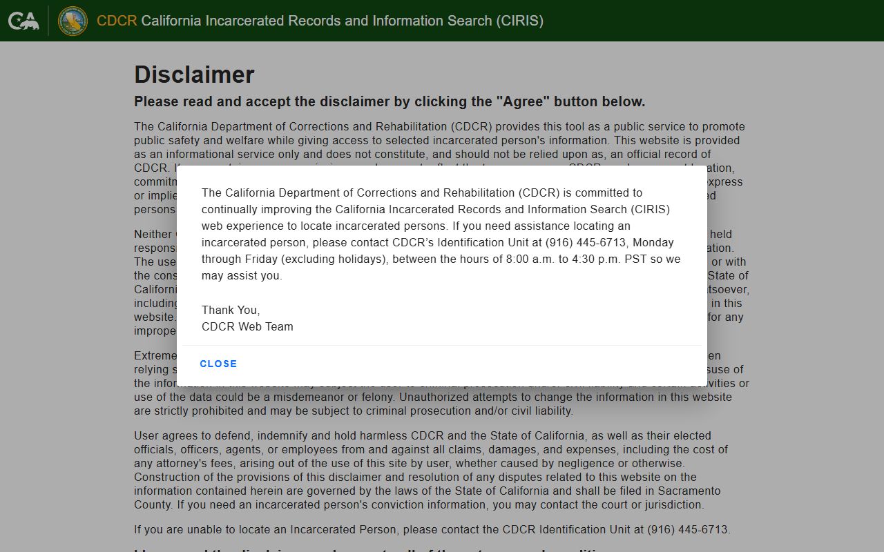 California CDCR inmate records and information search database CIRIS