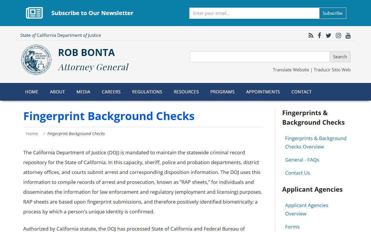 California Department of Justice background checks and fingerprinting services page
