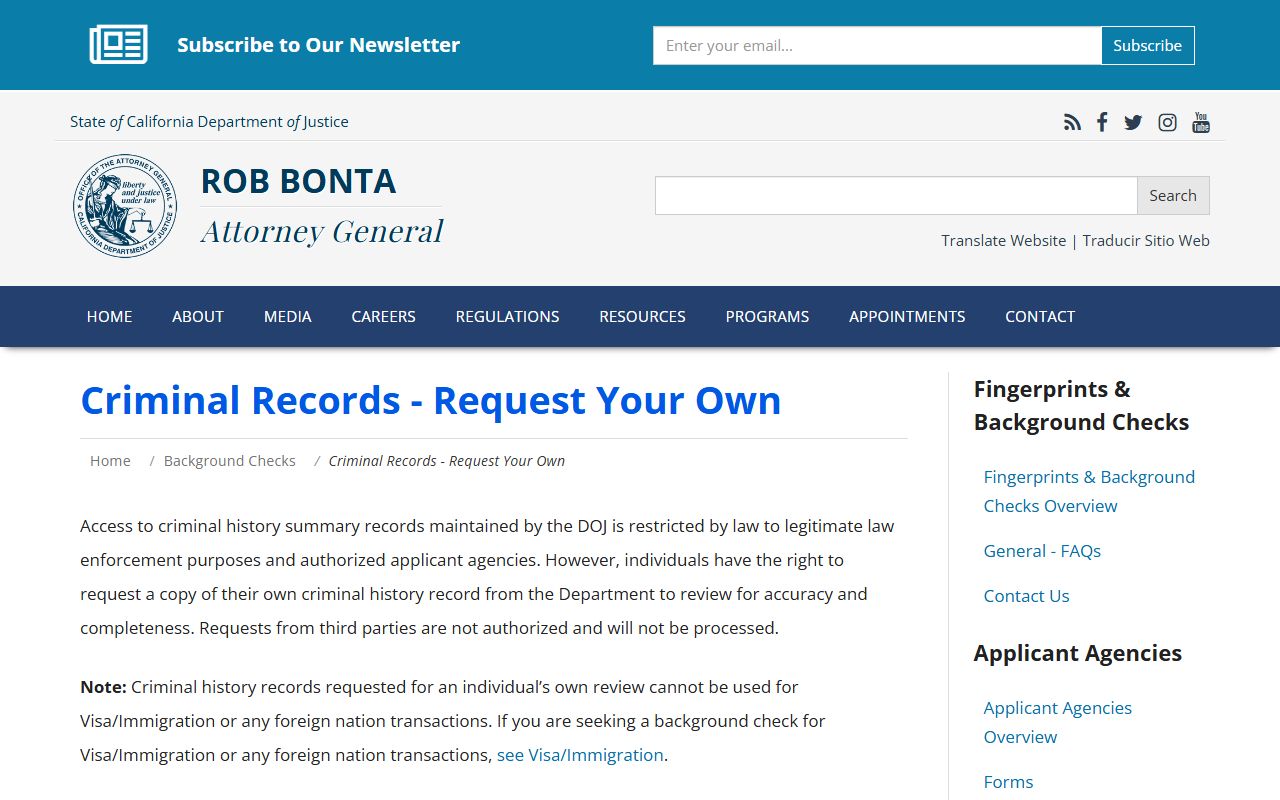 California DOJ personal criminal history record review request page