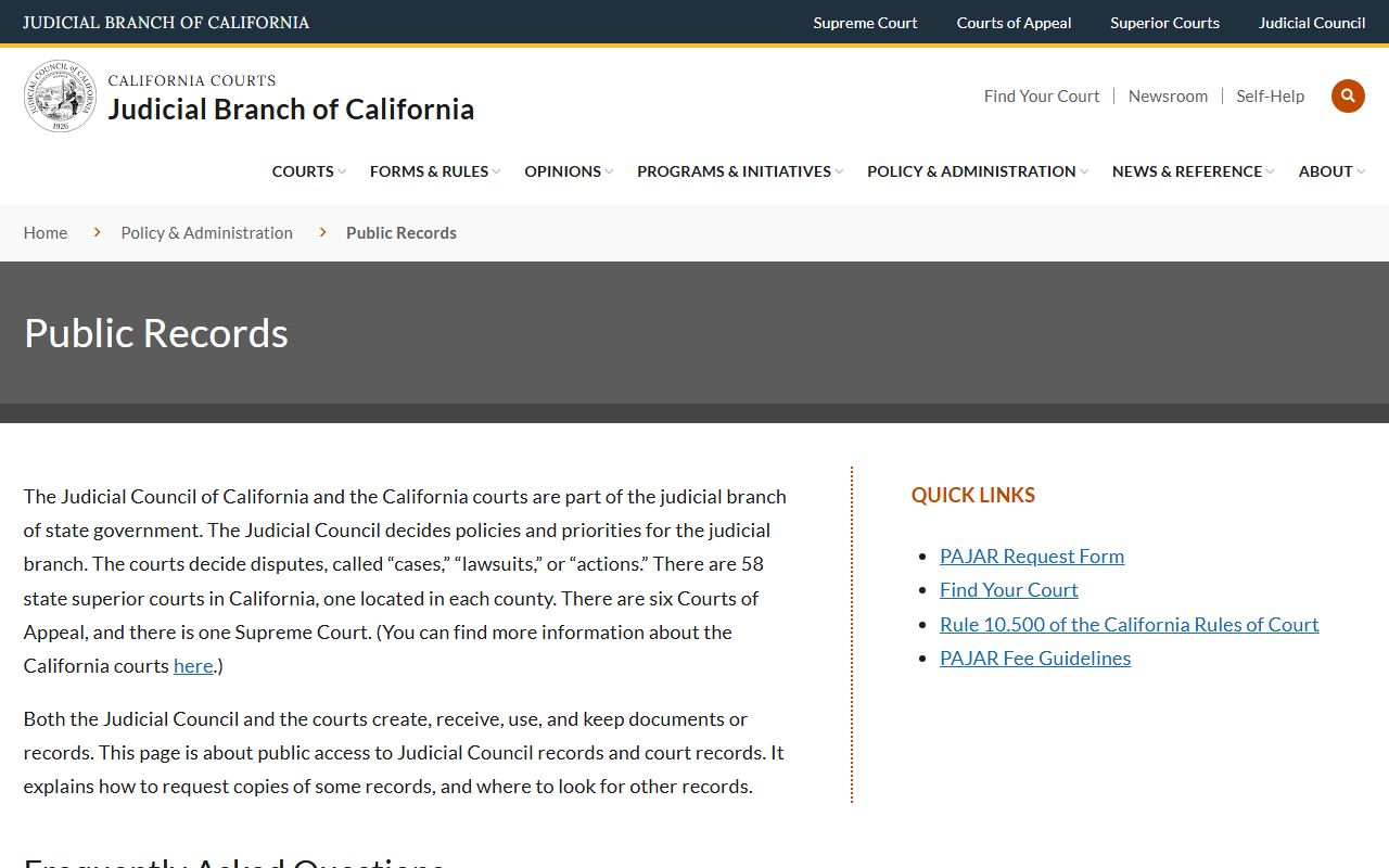 California Judicial Council public records access information page