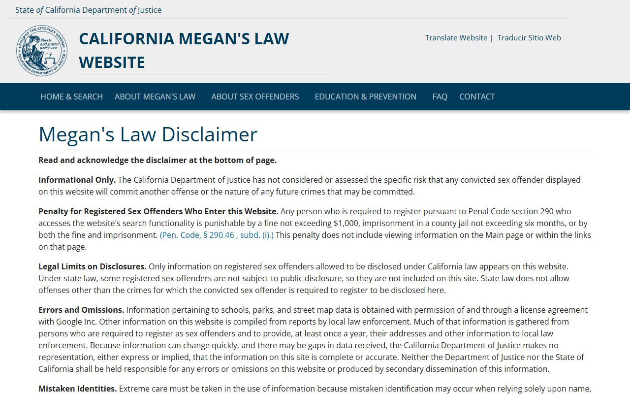 California Megan's Law sex offender registry public search portal